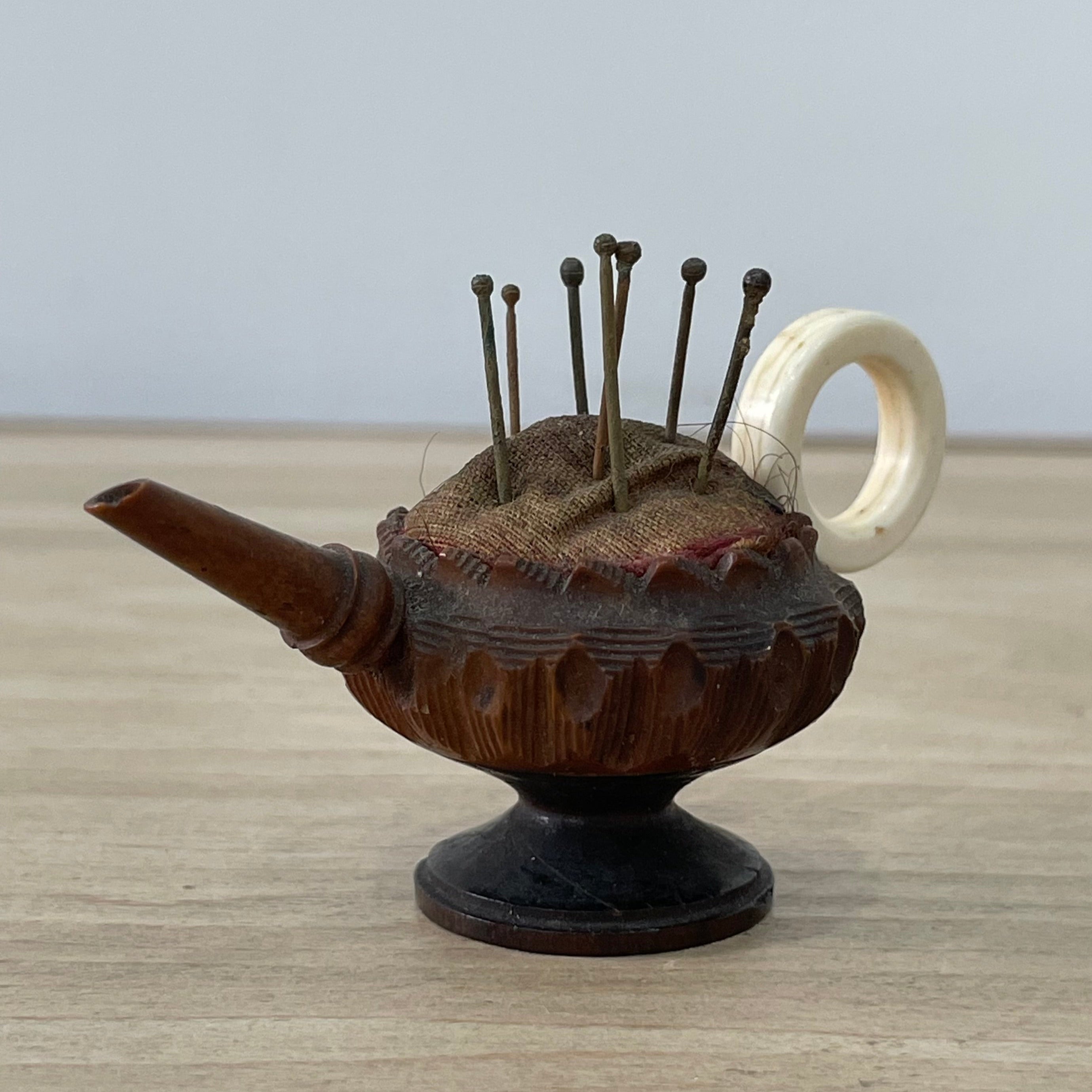 19th Century Treen Teapot Pin Cushion with Bone Handle &amp; Antique Pins