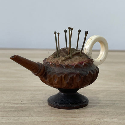 19th Century Treen Teapot Pin Cushion with Bone Handle &amp; Antique Pins