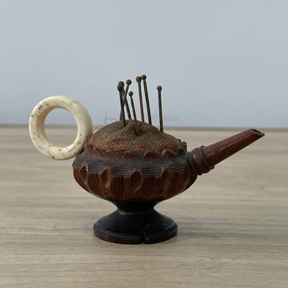19th Century Treen Teapot Pin Cushion with Bone Handle &amp; Antique Pins