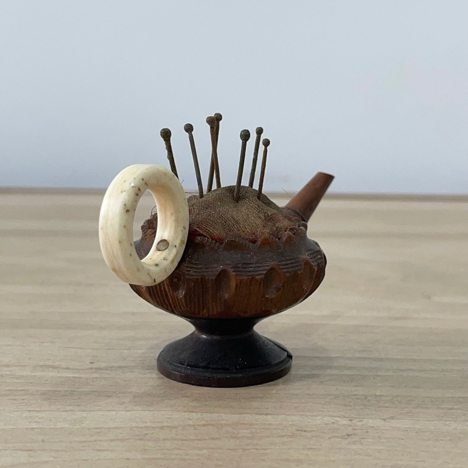 19th Century Treen Teapot Pin Cushion with Bone Handle &amp; Antique Pins