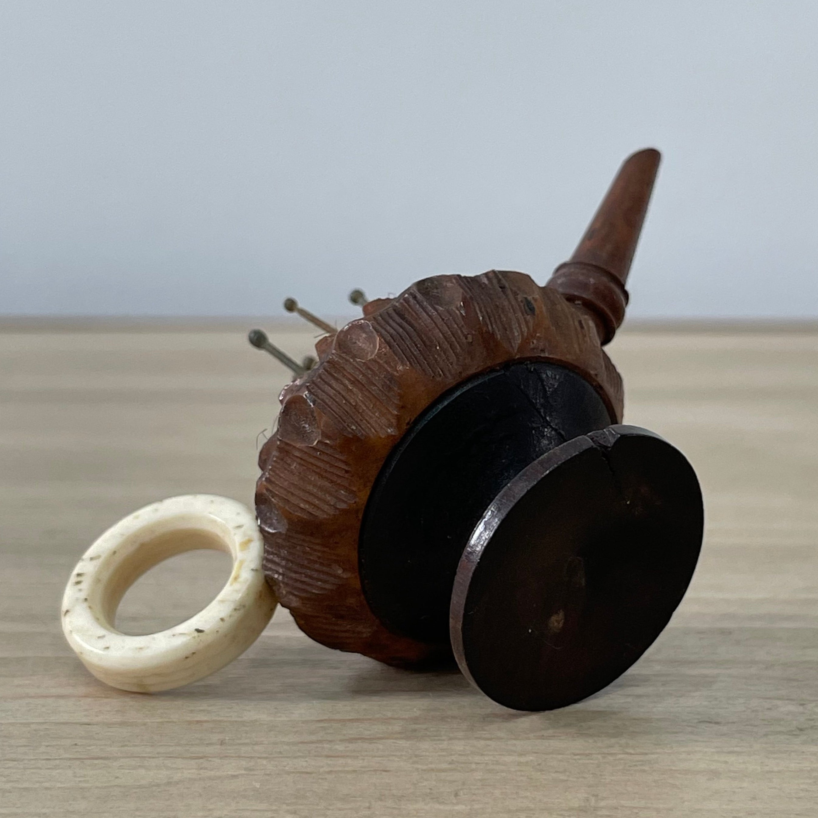 19th Century Treen Teapot Pin Cushion with Bone Handle &amp; Antique Pins