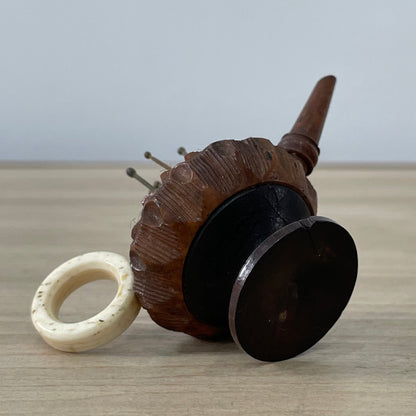 19th Century Treen Teapot Pin Cushion with Bone Handle &amp; Antique Pins