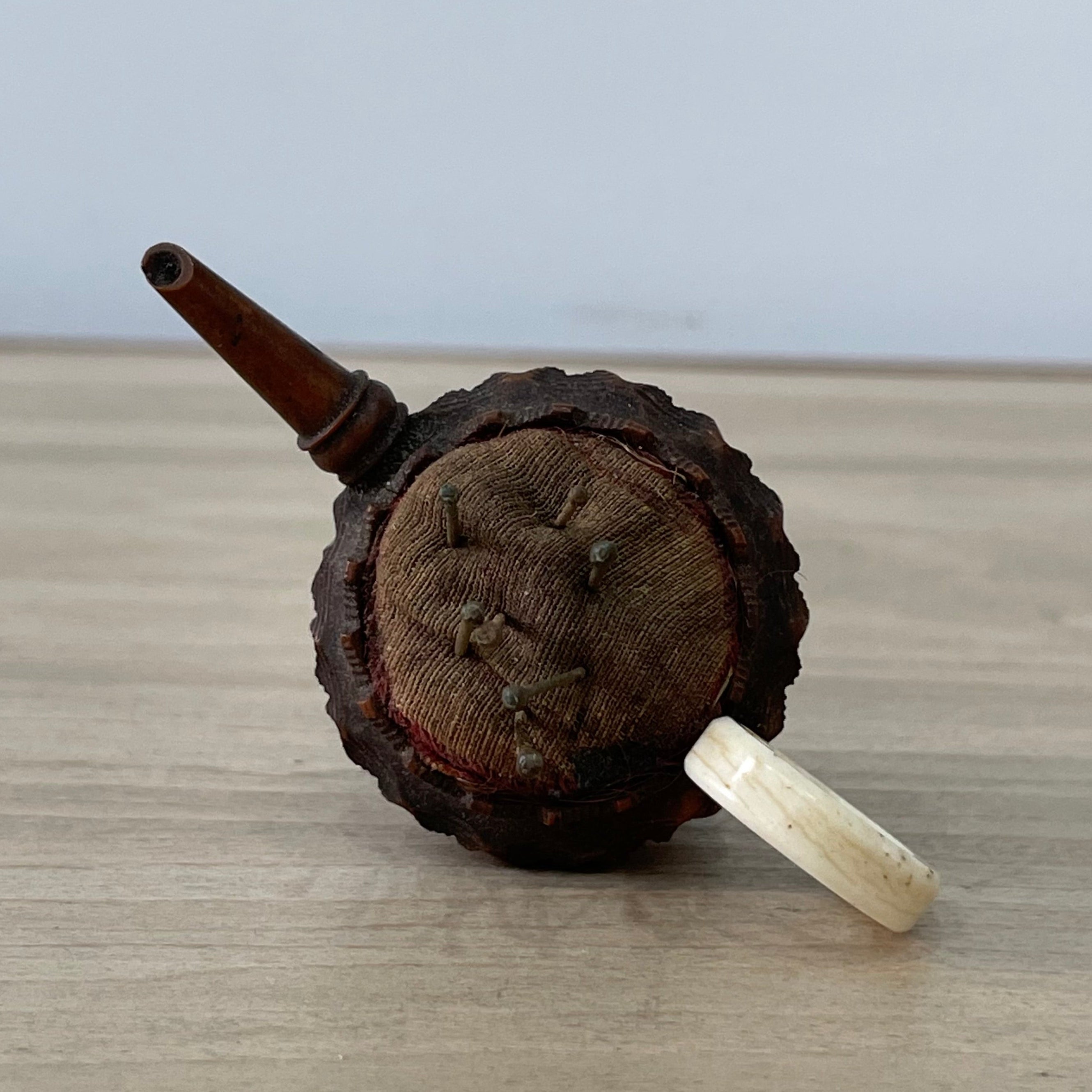 19th Century Treen Teapot Pin Cushion with Bone Handle &amp; Antique Pins