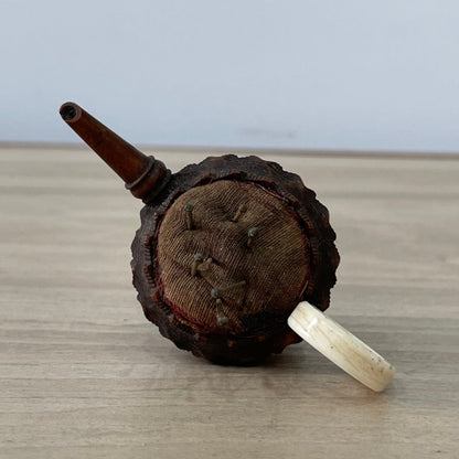 19th Century Treen Teapot Pin Cushion with Bone Handle &amp; Antique Pins