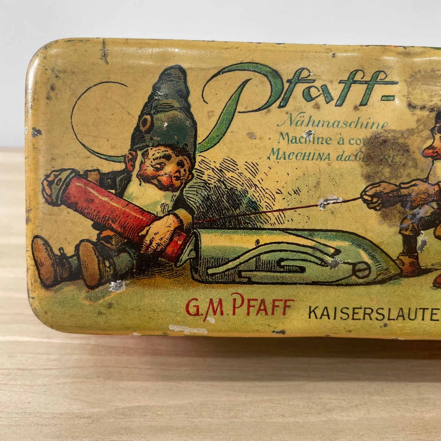 Antique G M Pfaff Lithograph Sewing Accessories Tin, c.1906