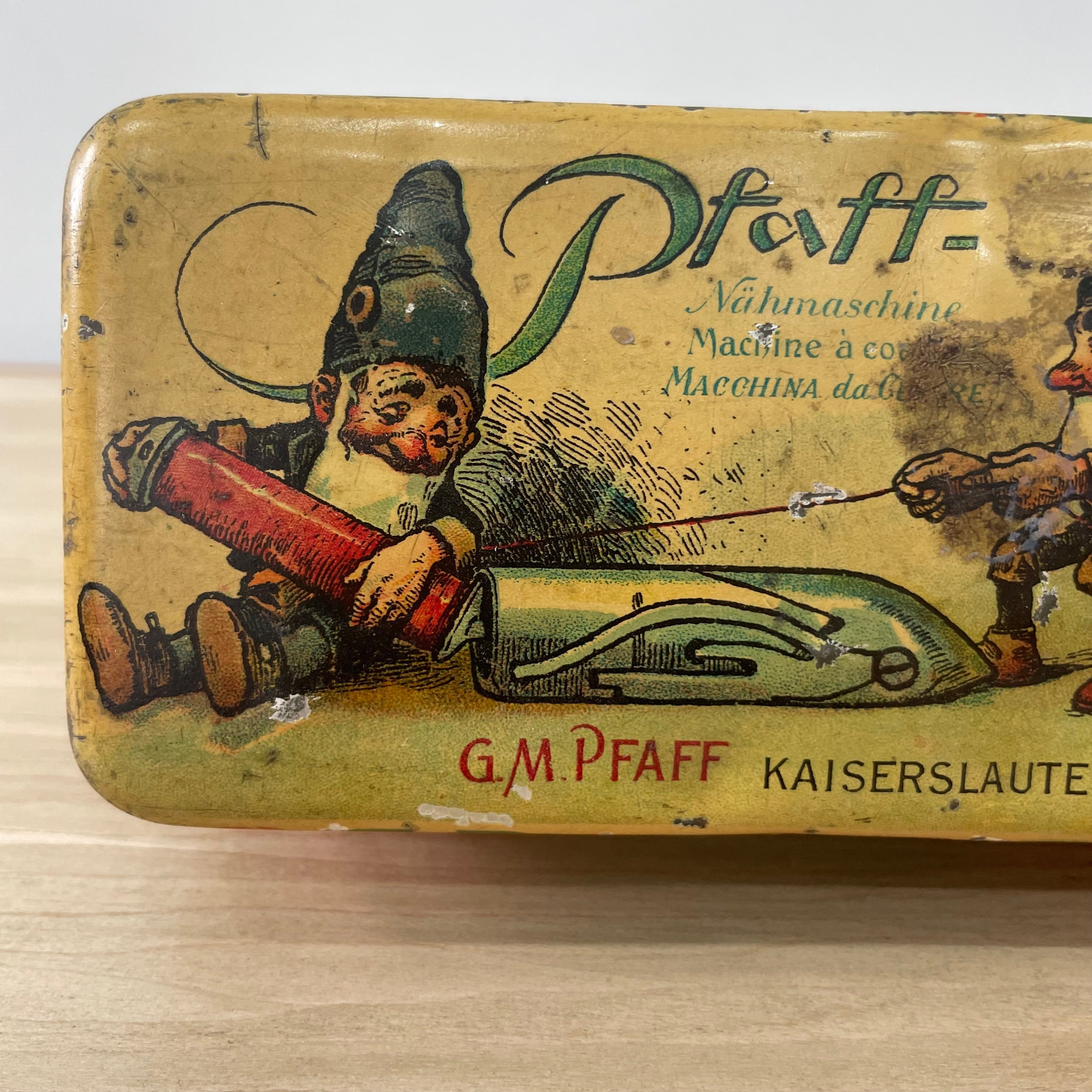 Antique G M Pfaff Lithograph Sewing Accessories Tin, c.1906