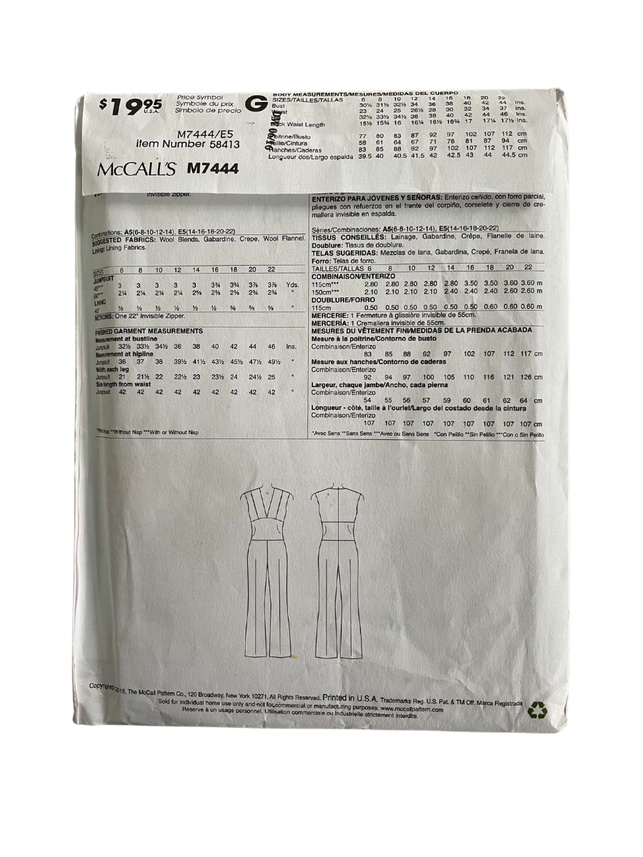 McCalls M7444 Womens Size 14-22 Jumpsuit FF *