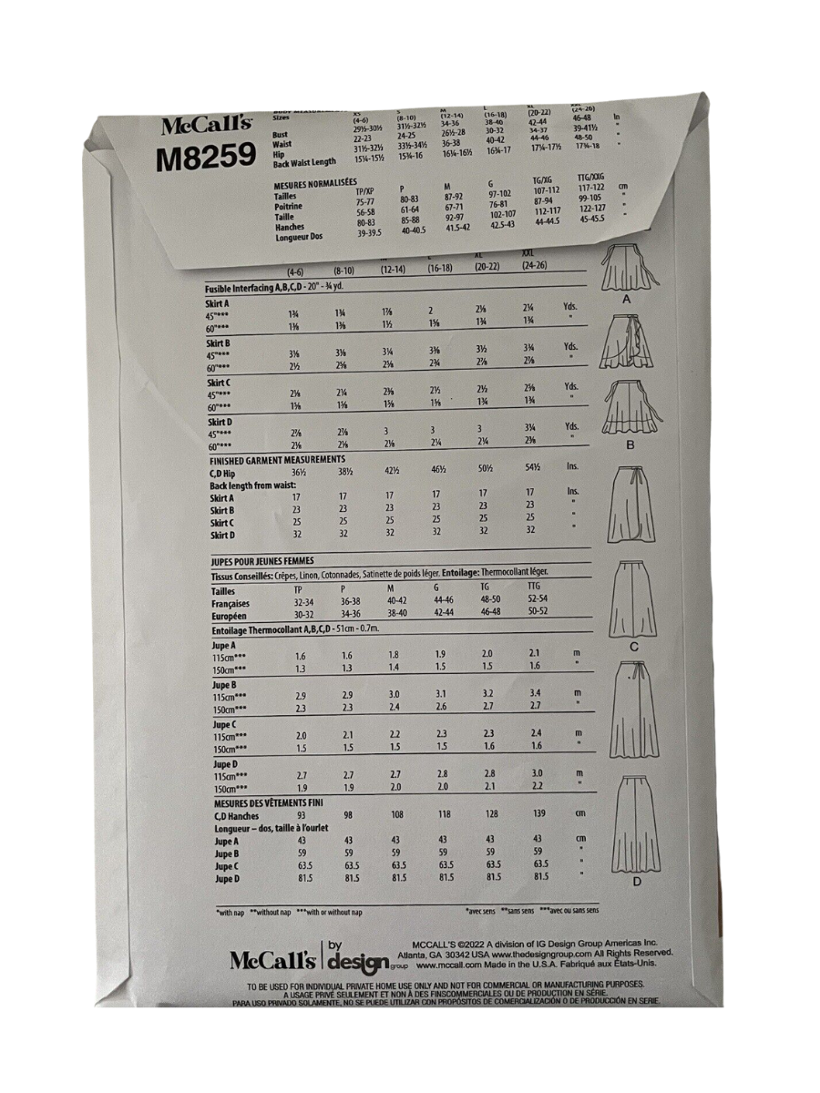 McCalls M8259 Womens Size XS-XXL Wrap Skirt FF