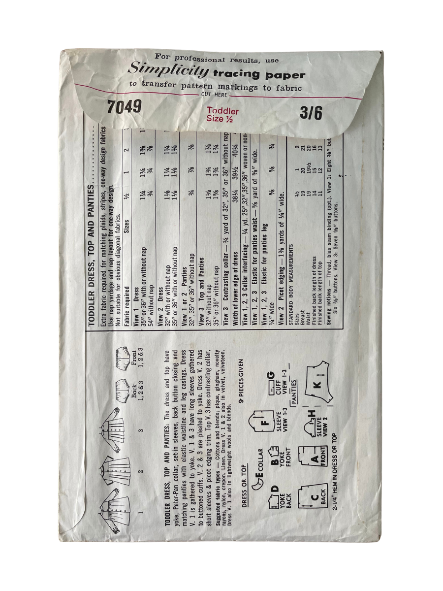 Simplicity 7049 Childs Size 1/2 Dress Top Panties