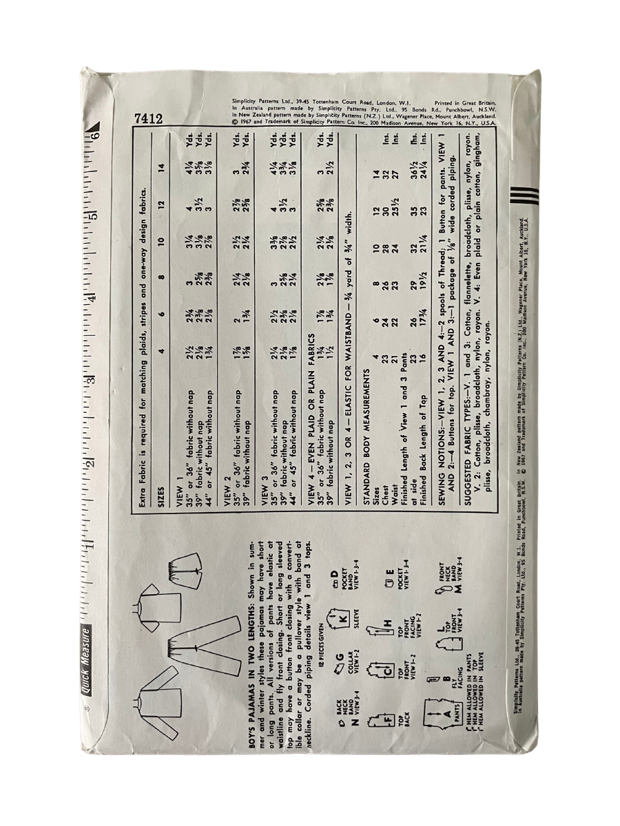 Simplicity 7412 Boys Size 10 Pyjamas FF