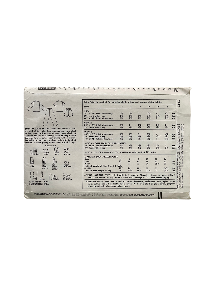 Simplicity 7412 Boys Size 10 Pyjamas FF