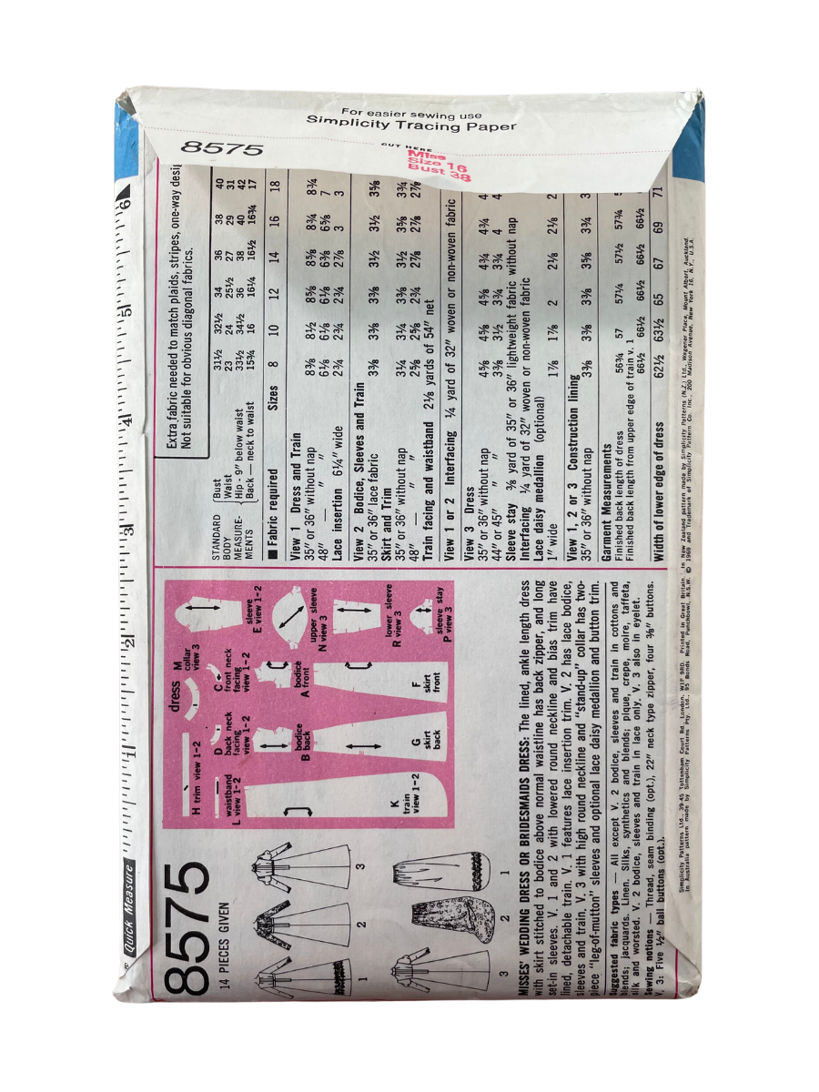 Simplicity 8575 Womens Size 16 Wedding Dress