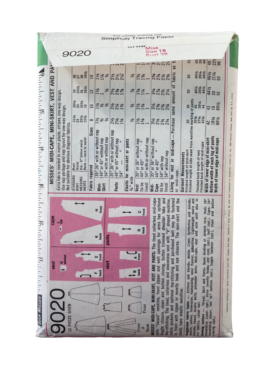 Vintage Dressmaking Sewing Pattern Size 16 Women Cape Skirt Pant Simplicity 9020