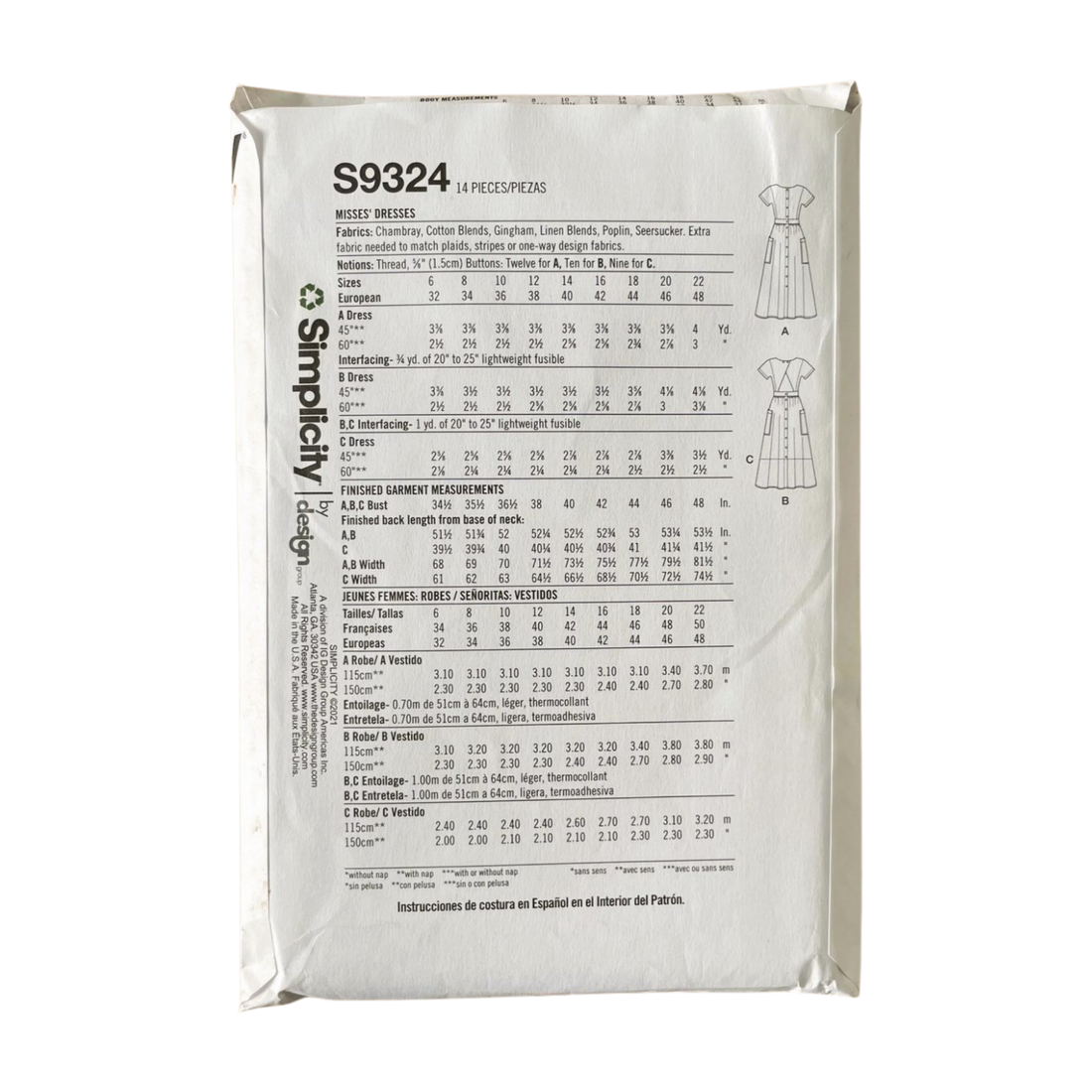 Simplicity S9324 Womens Size 6-22 Dress FF