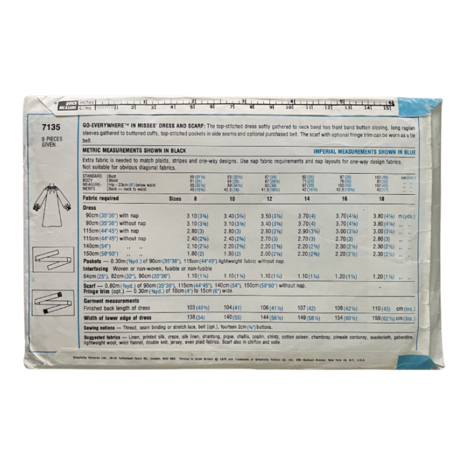 Simplicity 7135 Womens Size 10 UK Dress FF