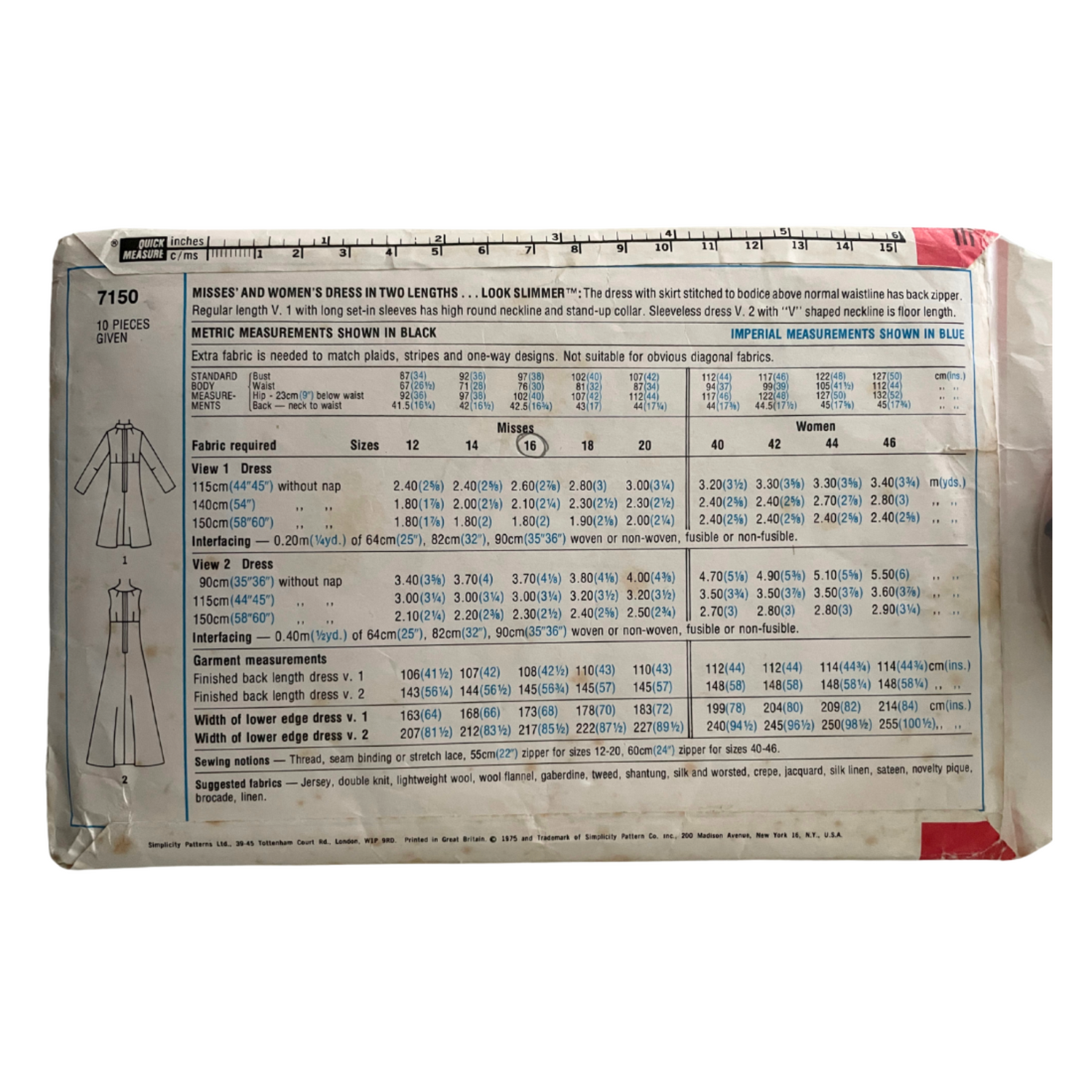 Simplicity 7150 Womens Size 14 UK Dress FF