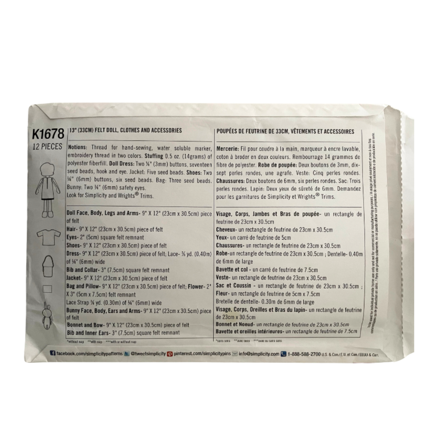 Simplicity K1678 One Size Felt Doll, Clothes and Accessories FF