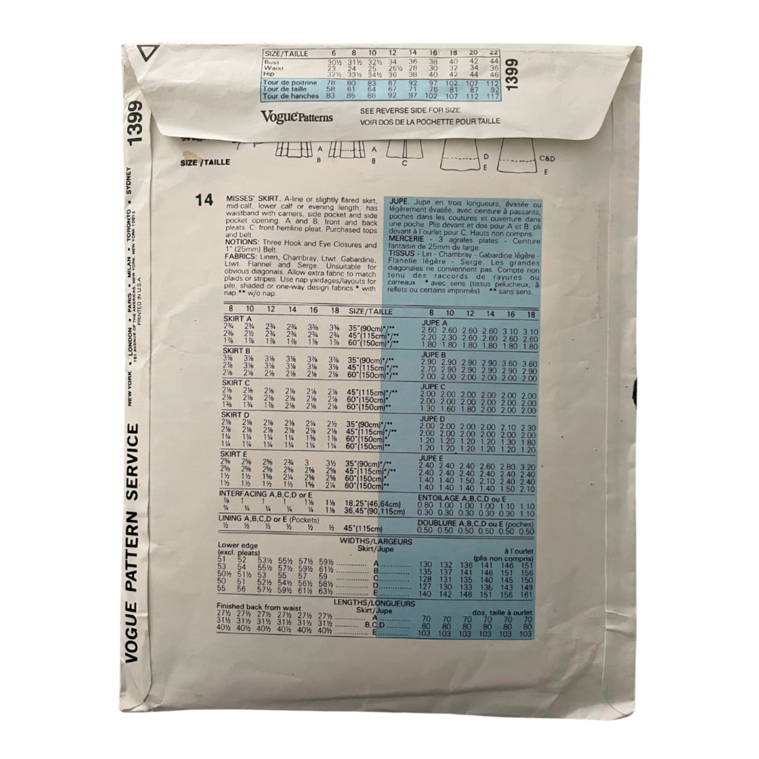 Vogue 1399 Womens Size 12 UK Skirt FF