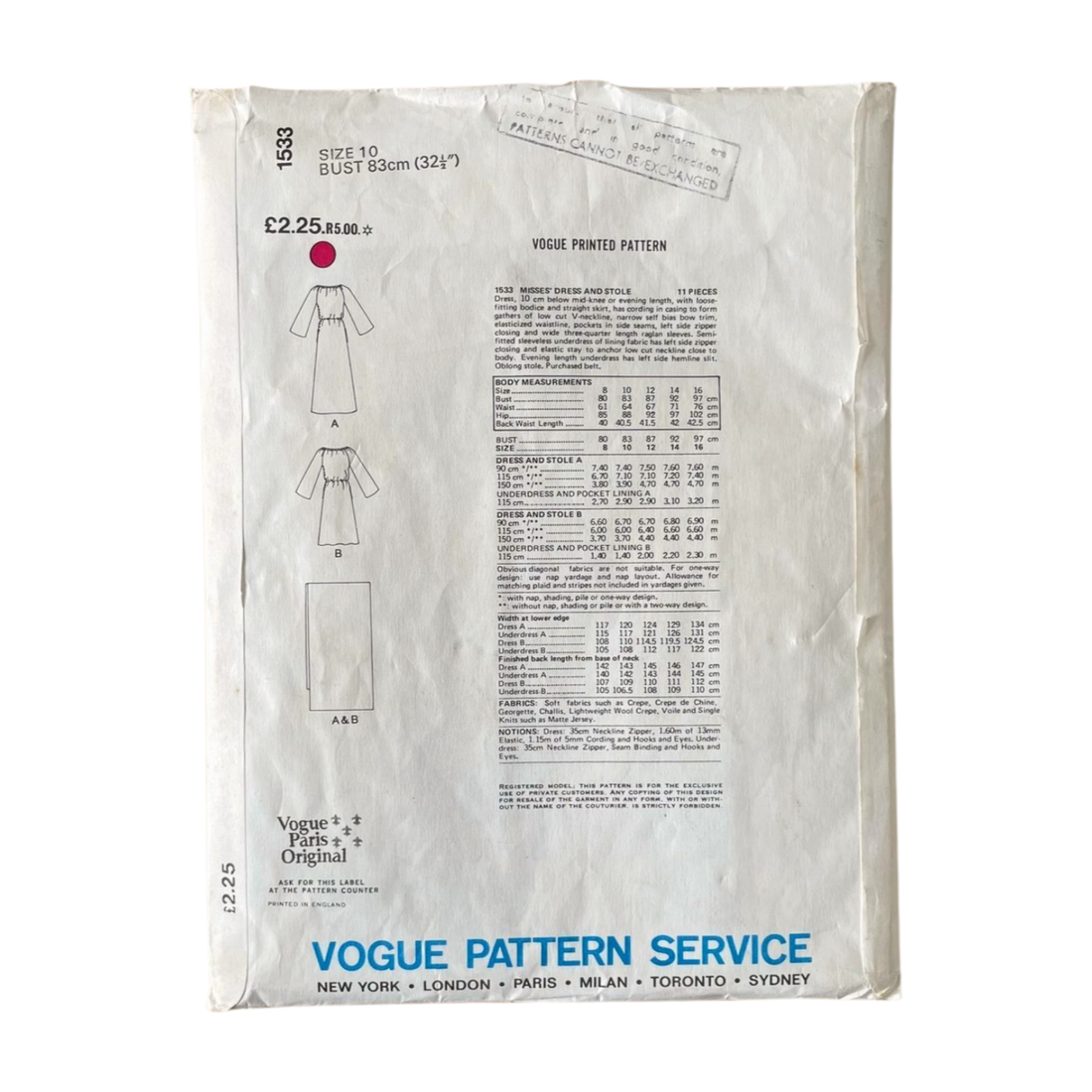 Vogue 1533 Womens Size 8 Dress Stole FF