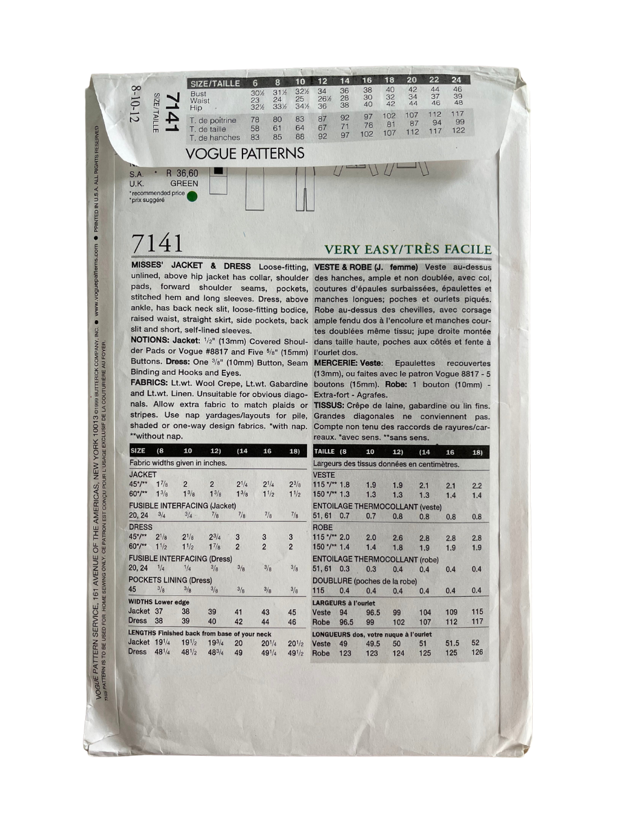 Vogue 7141 Womens Size 8-12 Dress Jacket FF