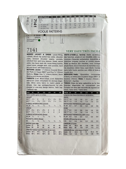 Vogue 7141 Womens Size 8-12 Dress Jacket FF