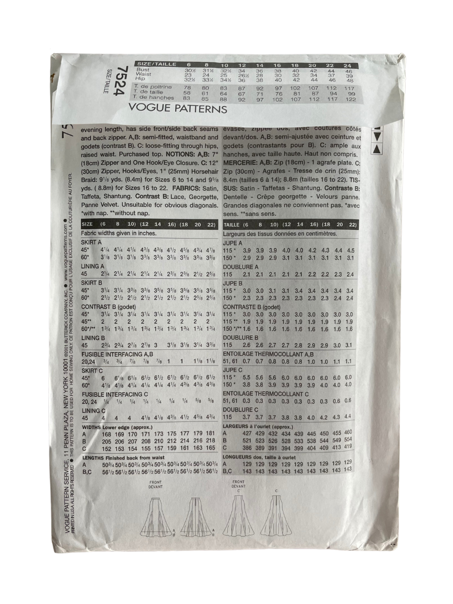 Vogue 7524 Womens Size 12-16 Skirt FF