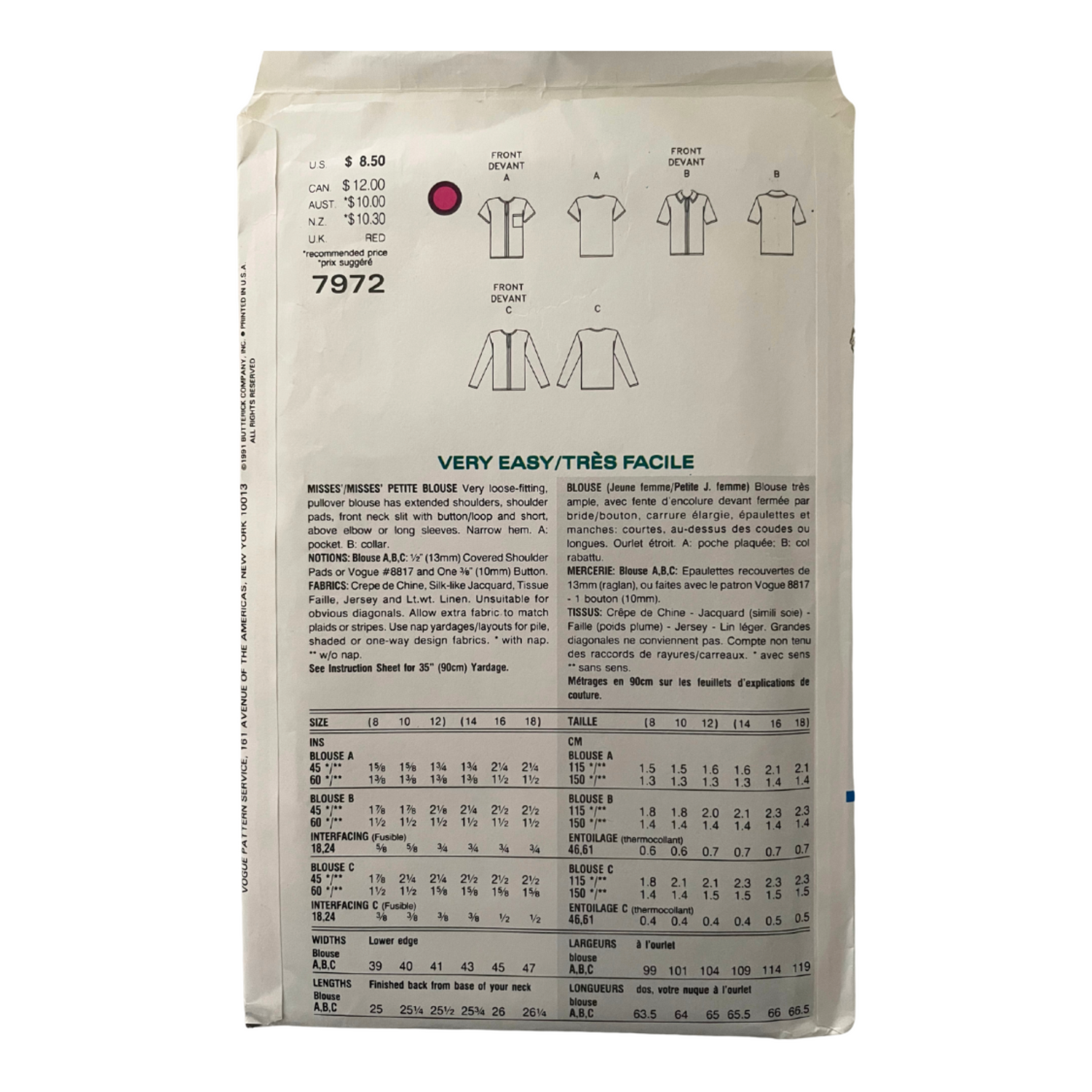 Vogue 7972 Womens Size 12-16 UK Petite Blouse Shirt Top FF