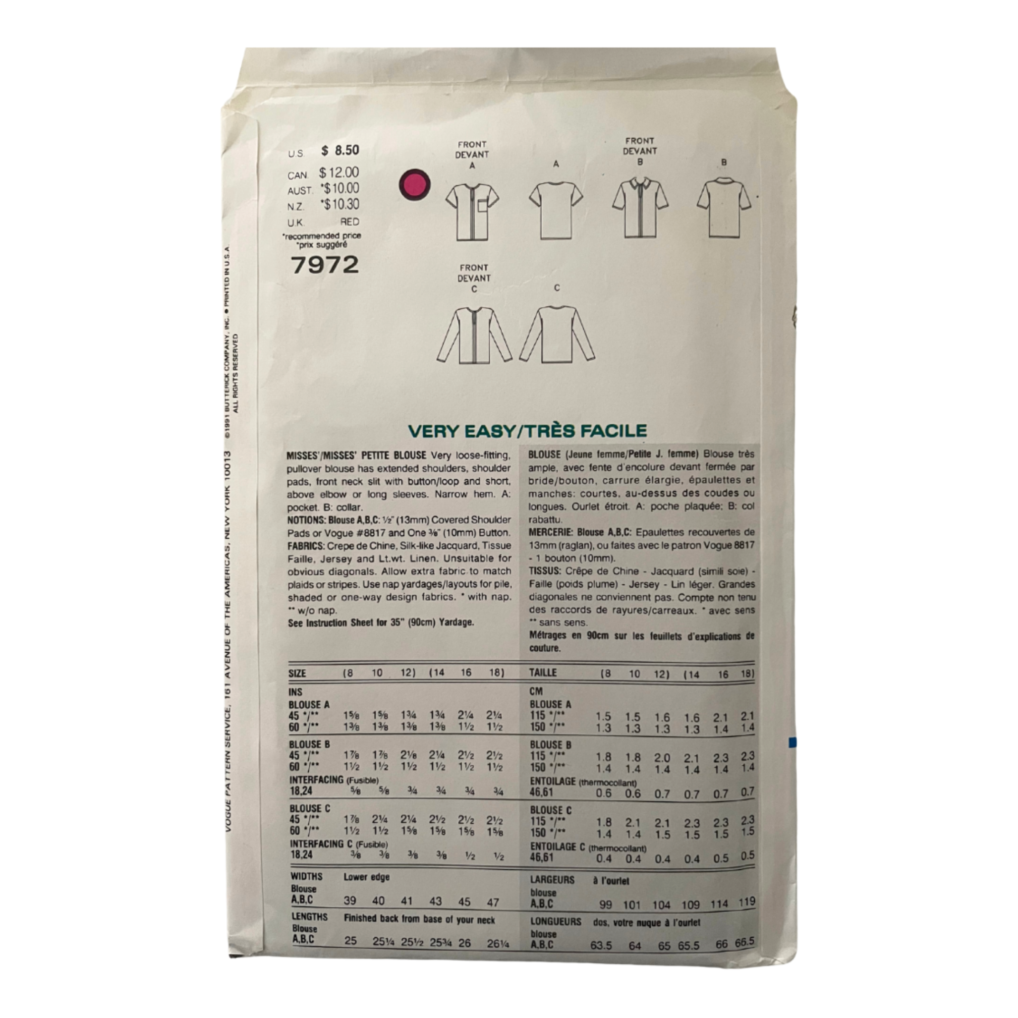 Vogue 7972 Womens Size 12-16 UK Petite Blouse Shirt Top FF