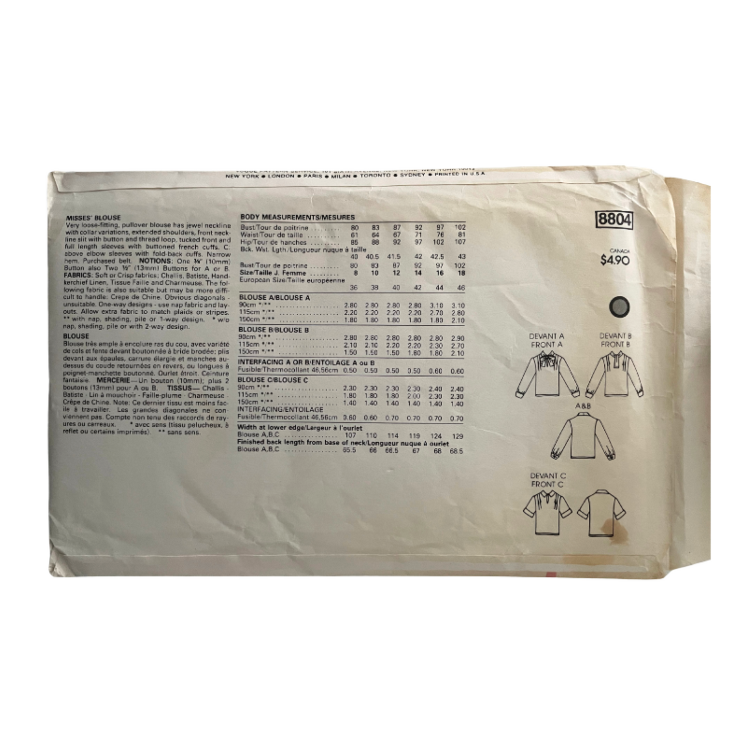 Vogue 8804 Womens Size 10 UK Blouse Shirt Top FF