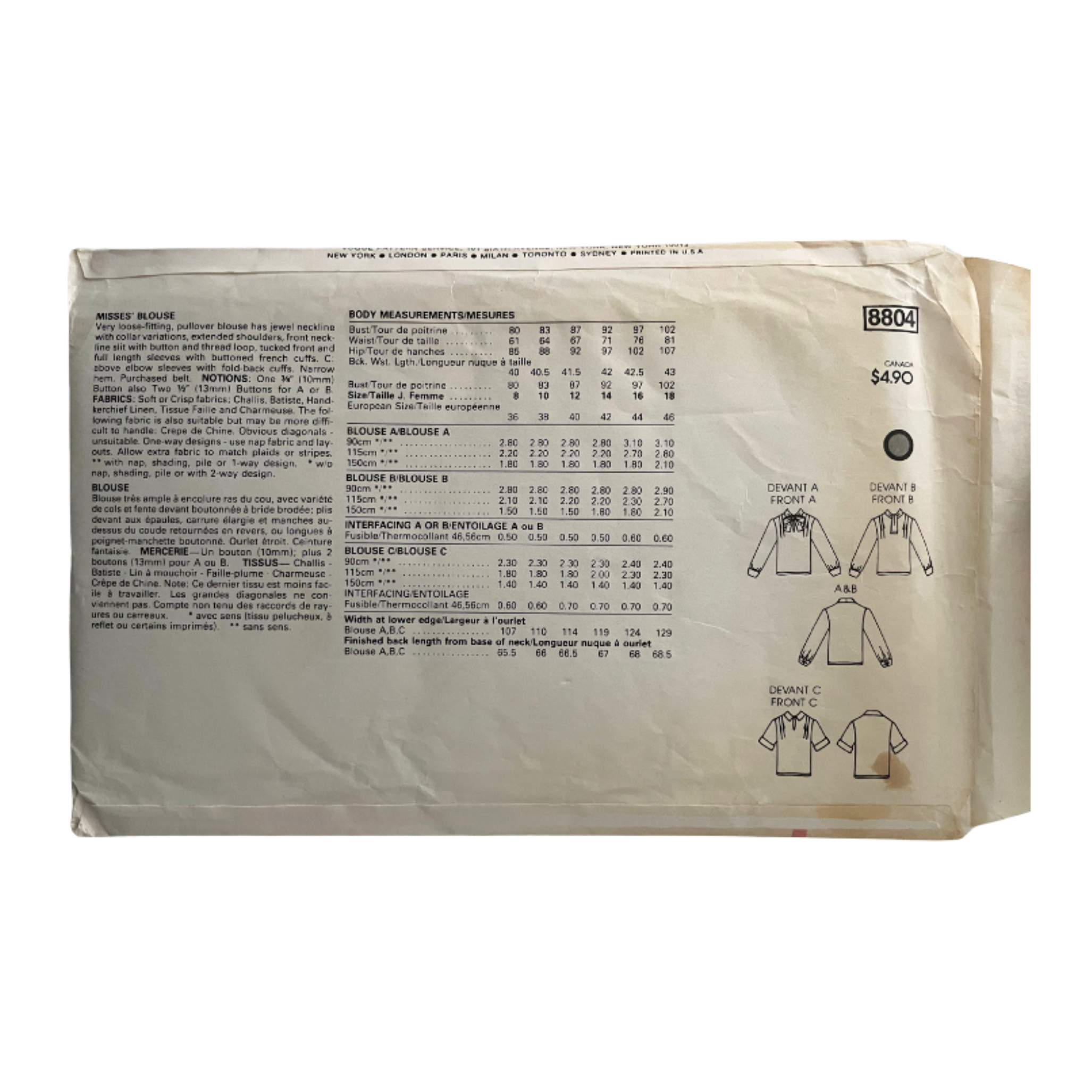 Vogue 8804 Womens Size 10 UK Blouse Shirt Top FF