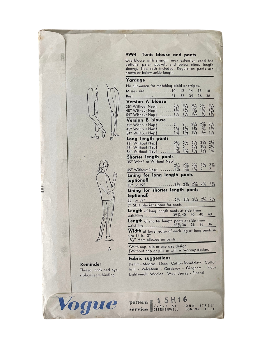 Vogue 9994 Womens Size 12 Tunic Blouse Trousers