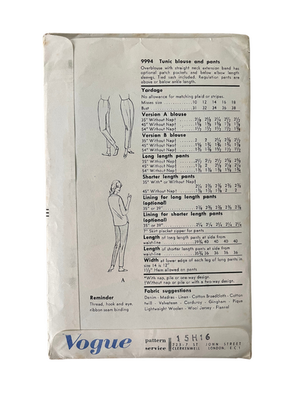 Vogue 9994 Womens Size 12 Tunic Blouse Trousers